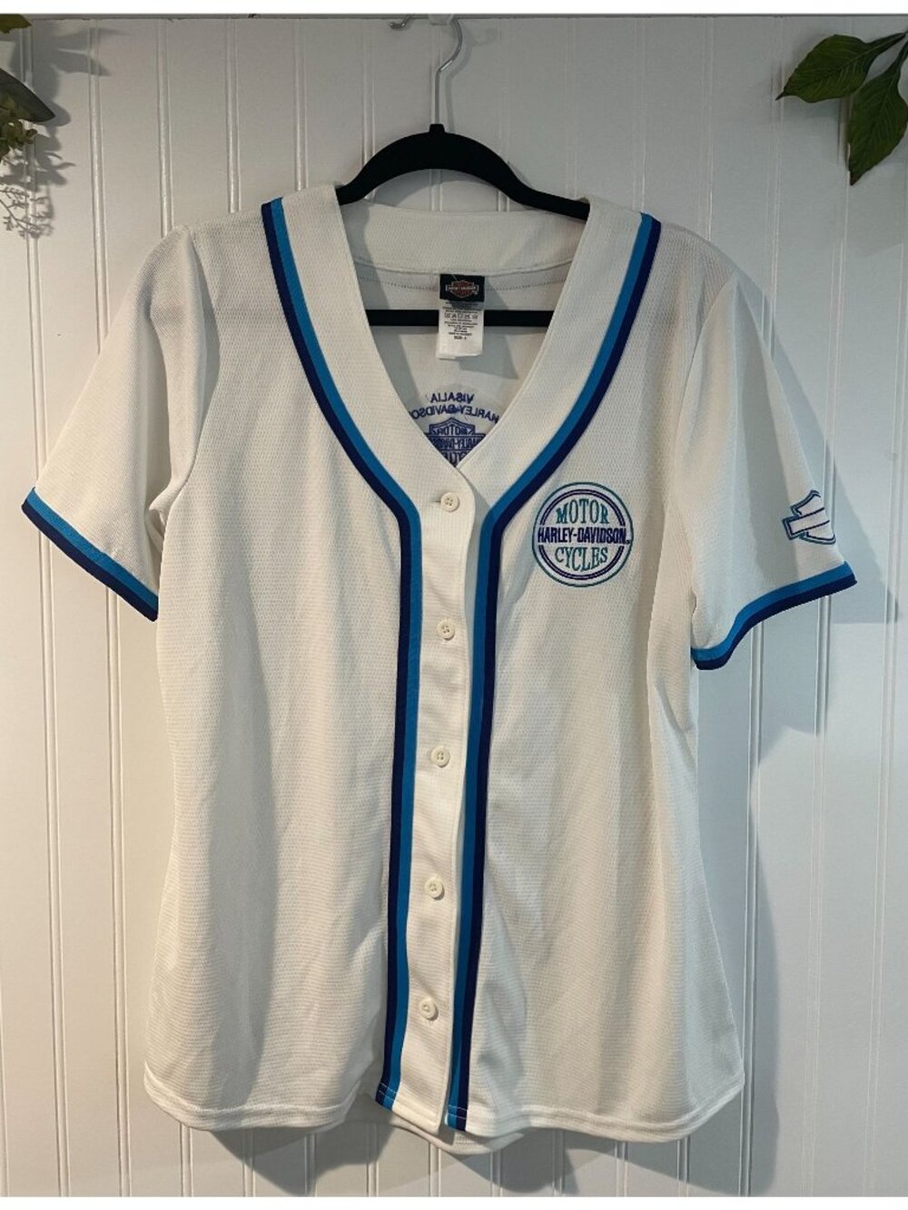 Harley-Davidson Motorcycles Visalia Ca Graphic Jersey Shirt White Blue Mens L